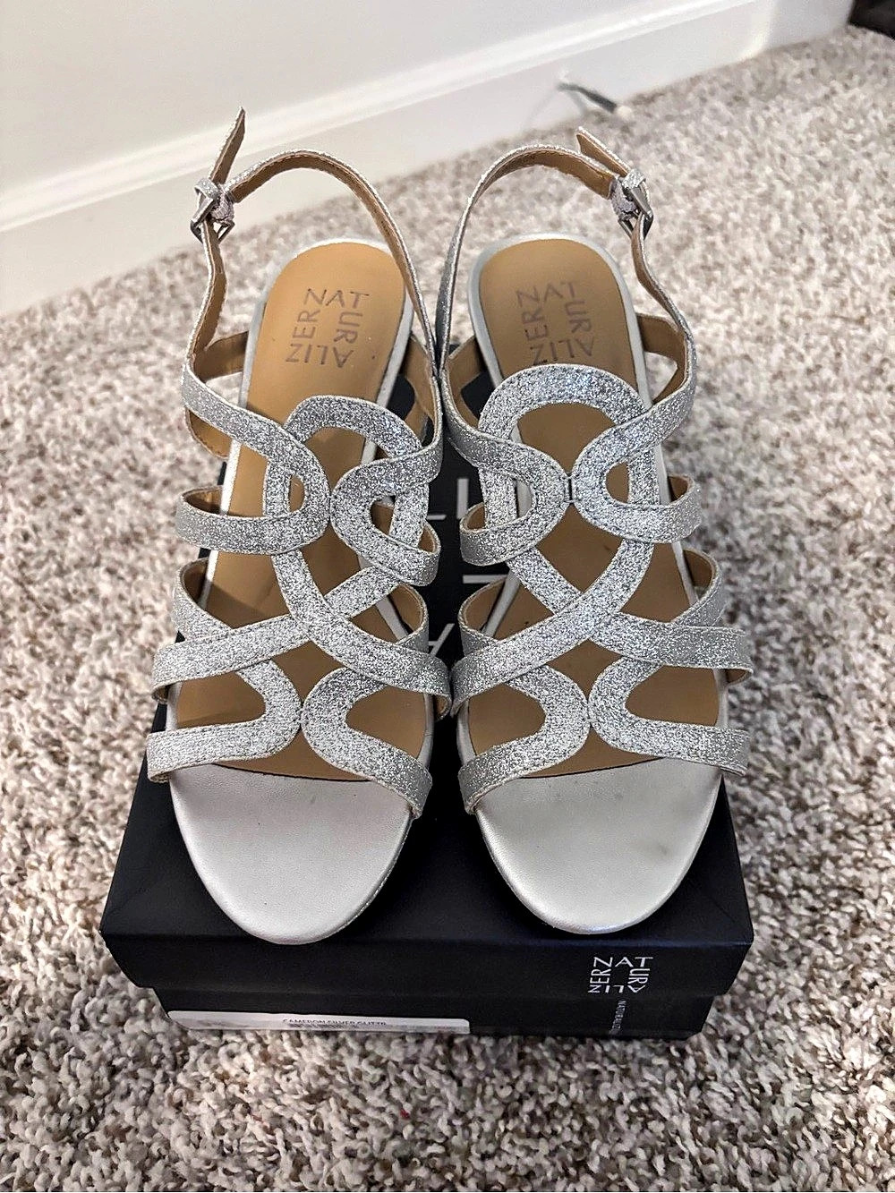Naturalizer Cameron Ankle Strap Sandal Silver Glitter Heels US 7.5 M